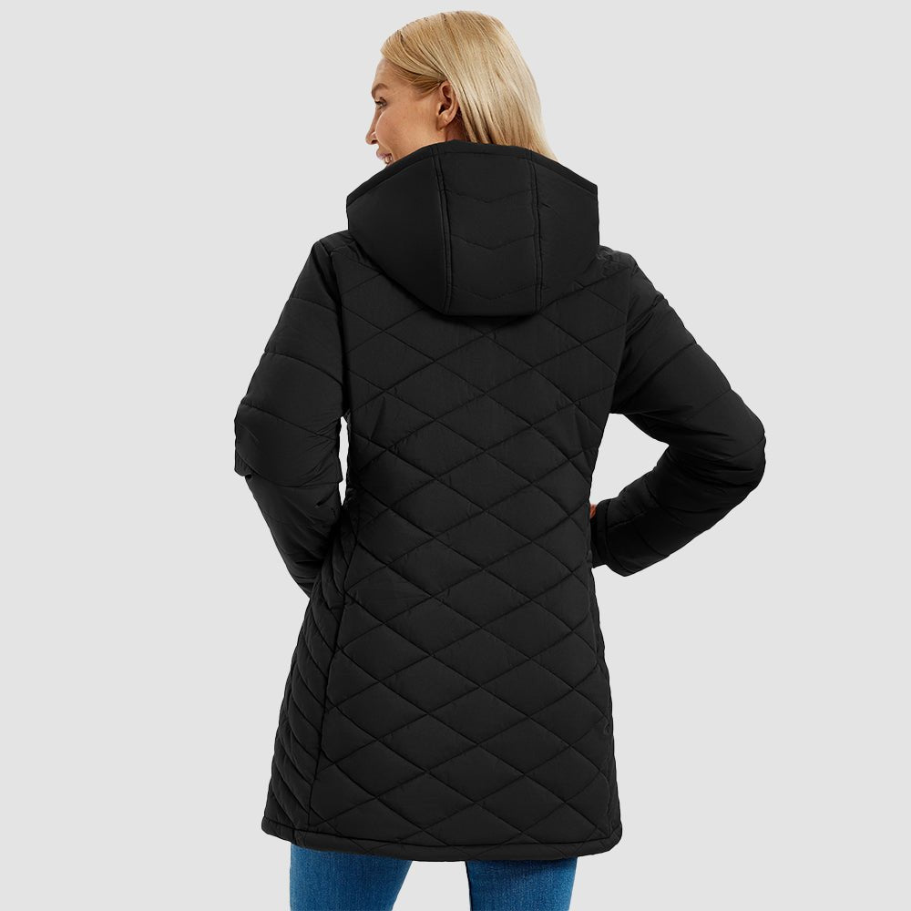 Black Women's Long Quilted Puffer Parka Lightweight Waterproof Winter Coat with Hood - MAGCOMSEN