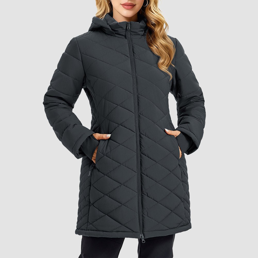 Dark Gray Women's Long Quilted Puffer Parka Lightweight Waterproof Winter Coat with Hood - MAGCOMSEN