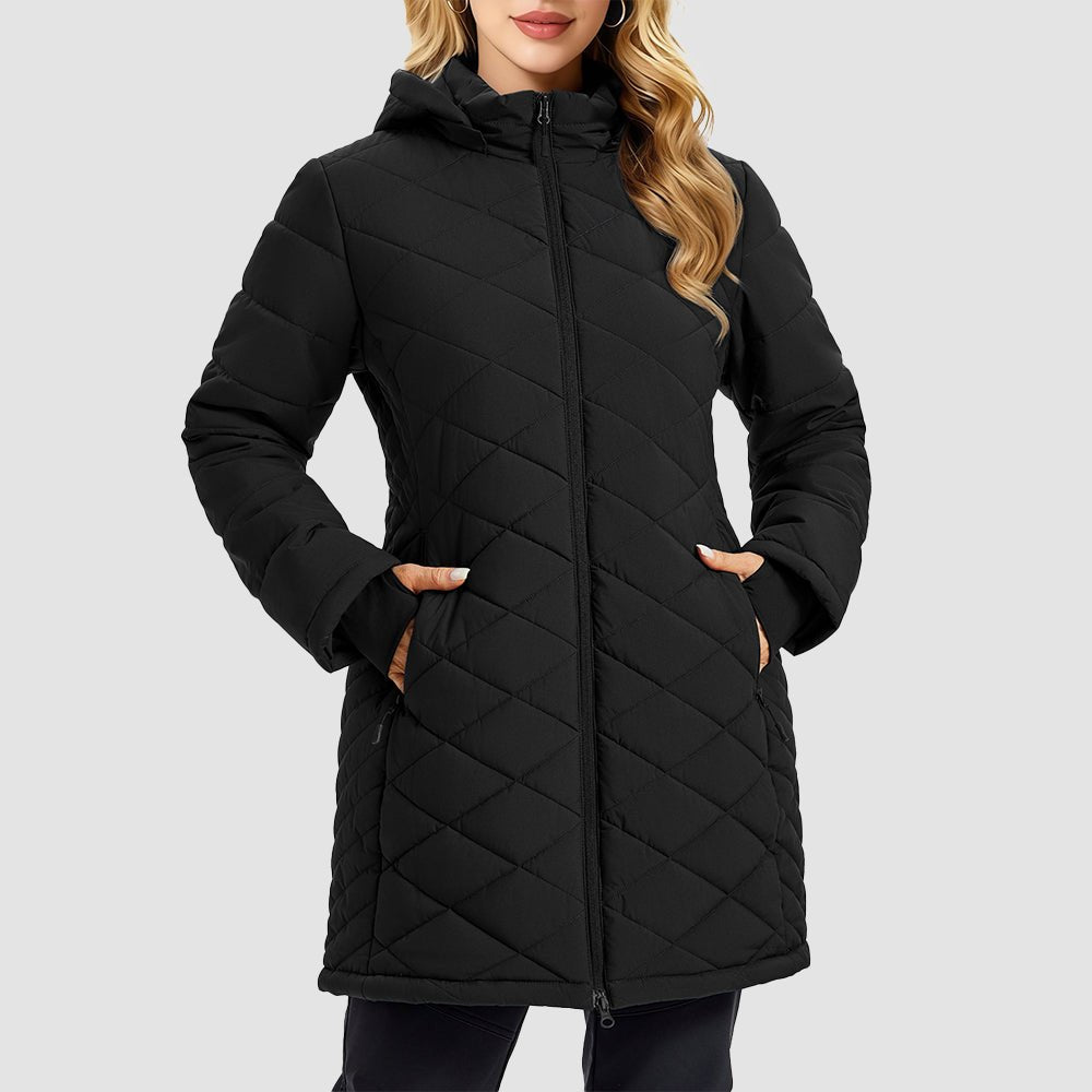 Black Women's Long Quilted Puffer Parka Lightweight Waterproof Winter Coat with Hood - MAGCOMSEN