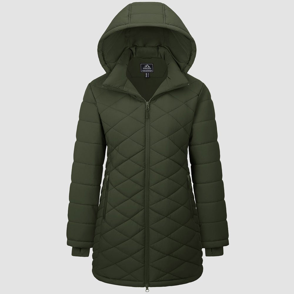 Army Green Women's Long Quilted Puffer Parka Lightweight Waterproof Winter Coat with Hood - MAGCOMSEN