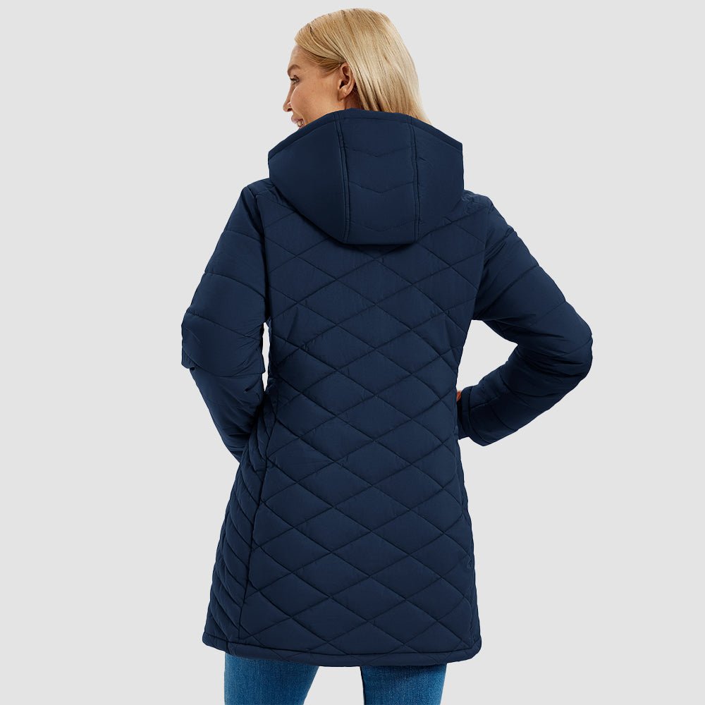 Navy Women's Long Quilted Puffer Parka Lightweight Waterproof Winter Coat with Hood - MAGCOMSEN