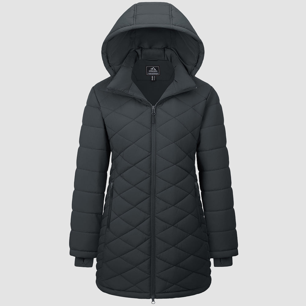 Dark Gray Women's Long Quilted Puffer Parka Lightweight Waterproof Winter Coat with Hood - MAGCOMSEN