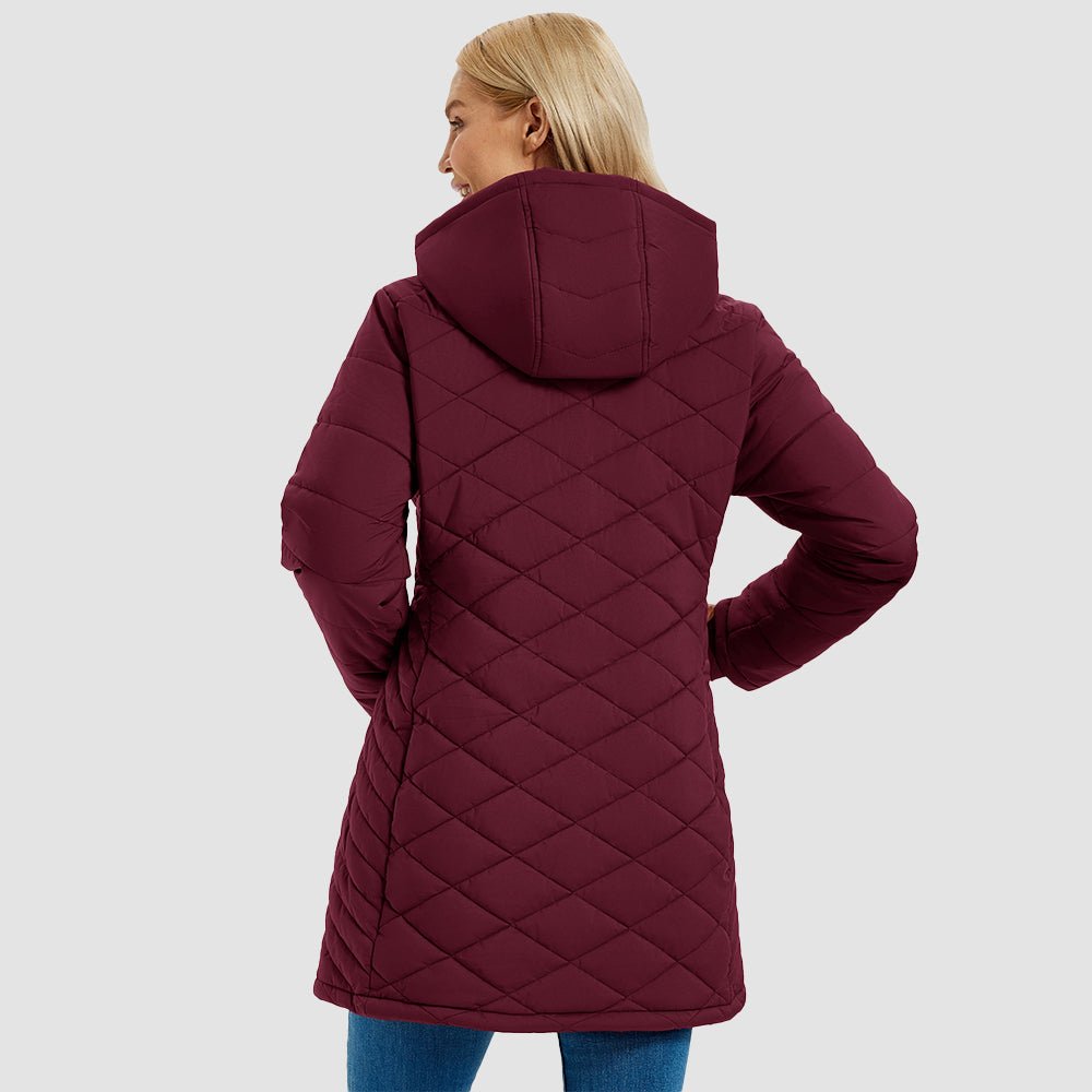 Wine Red Women's Long Quilted Puffer Parka Lightweight Waterproof Winter Coat with Hood - MAGCOMSEN