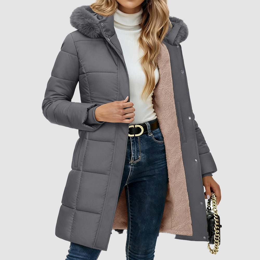 Grey Women's Long Sherpa Lined Puffer Coat - Thick Fleece Winter Parka with Hood - MAGCOMSEN