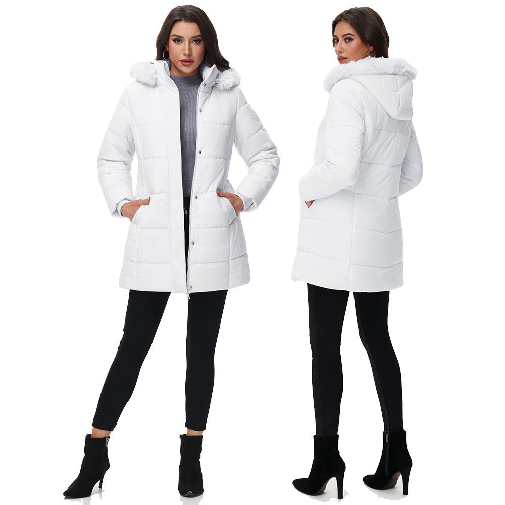 White Women's Long Sherpa Lined Puffer Coat - Thick Fleece Winter Parka with Hood - MAGCOMSEN