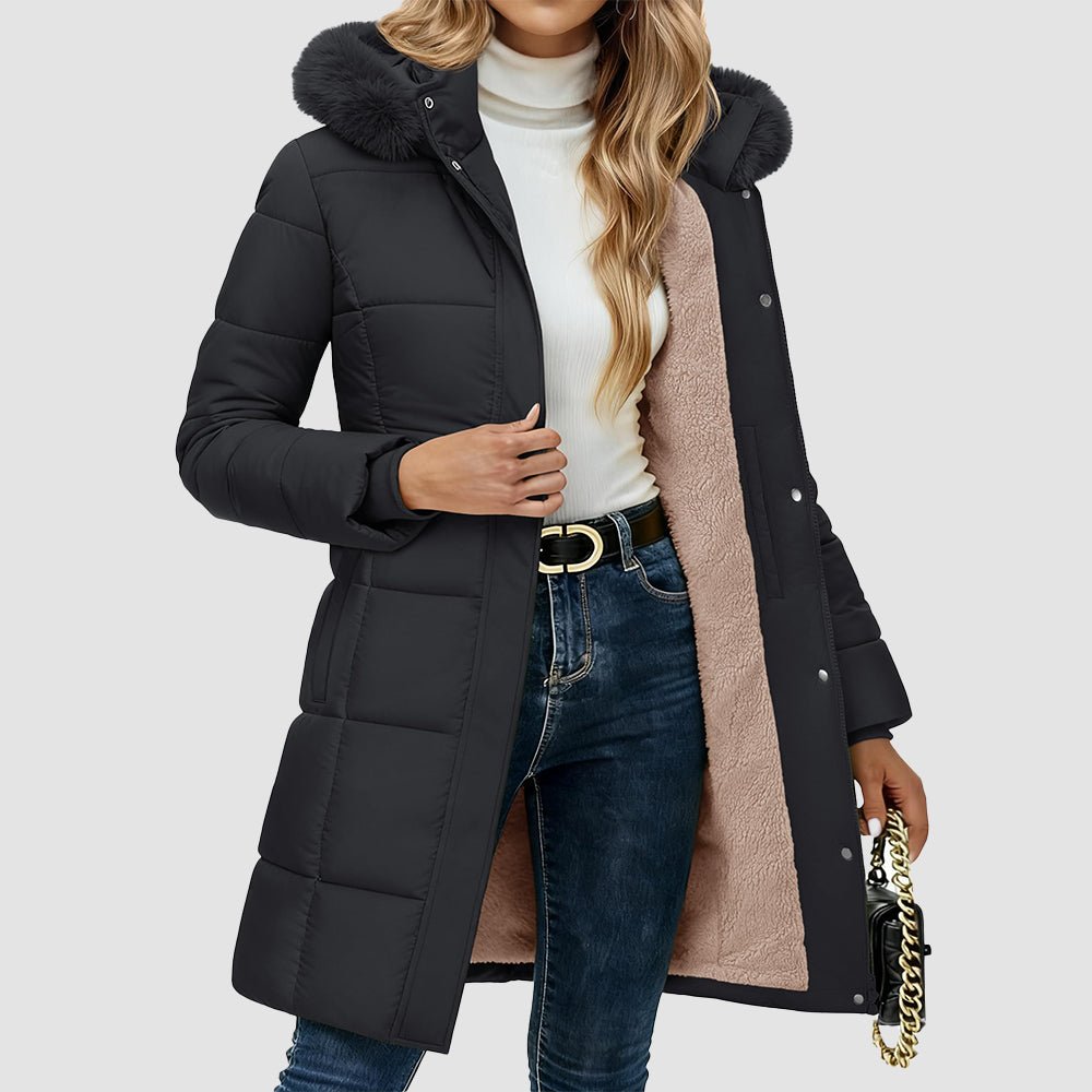 Black Women's Long Sherpa Lined Puffer Coat - Thick Fleece Winter Parka with Hood - MAGCOMSEN
