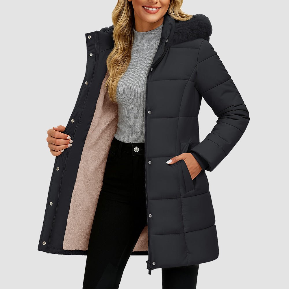 Black Women's Long Sherpa Lined Puffer Coat - Thick Fleece Winter Parka with Hood - MAGCOMSEN