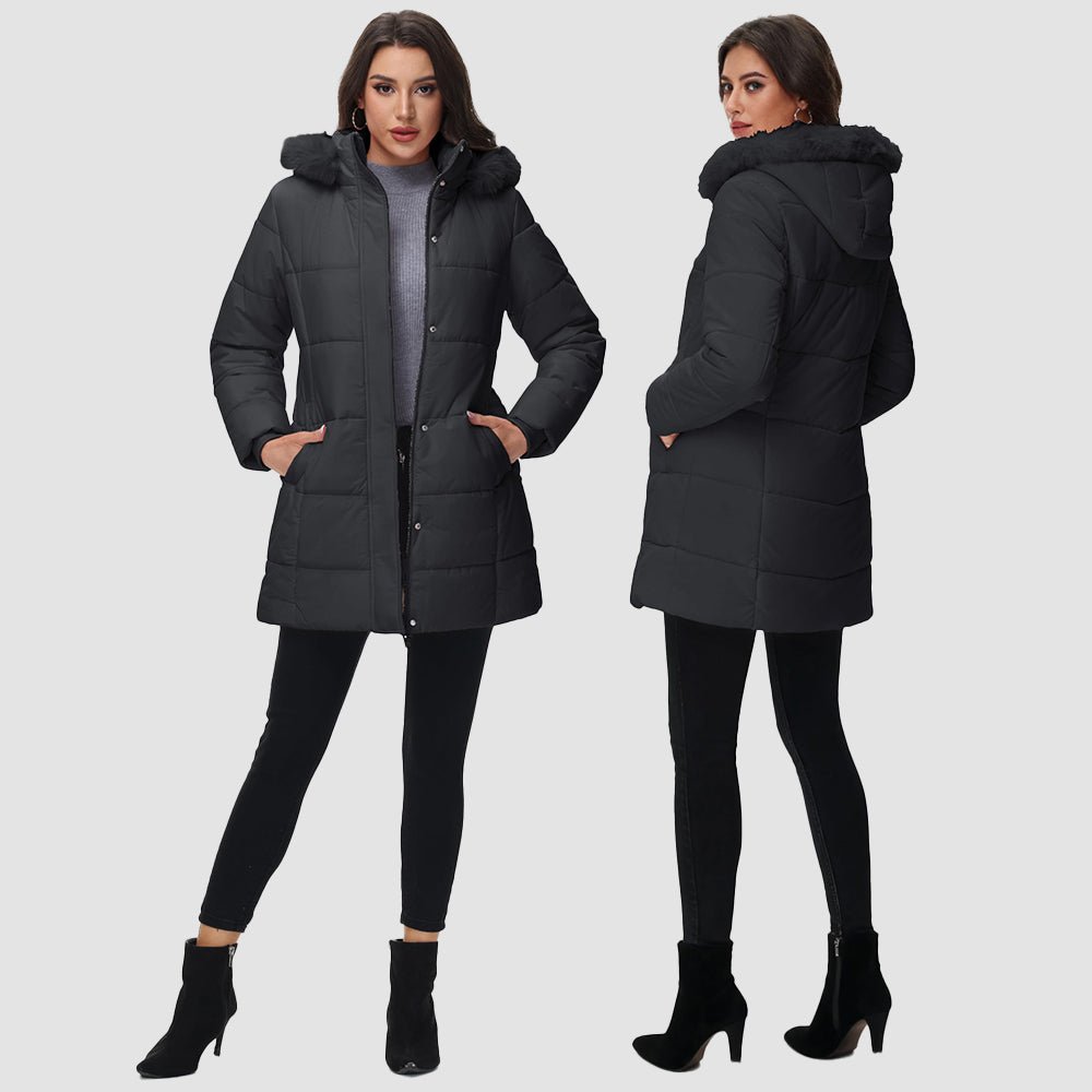 Black Women's Long Sherpa Lined Puffer Coat - Thick Fleece Winter Parka with Hood - MAGCOMSEN
