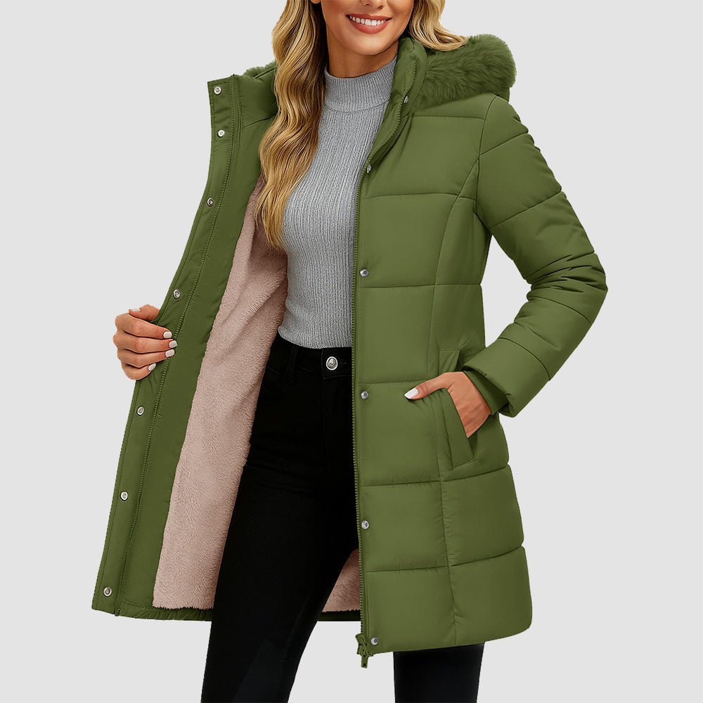 Army Green Women's Long Sherpa Lined Puffer Coat - Thick Fleece Winter Parka with Hood - MAGCOMSEN