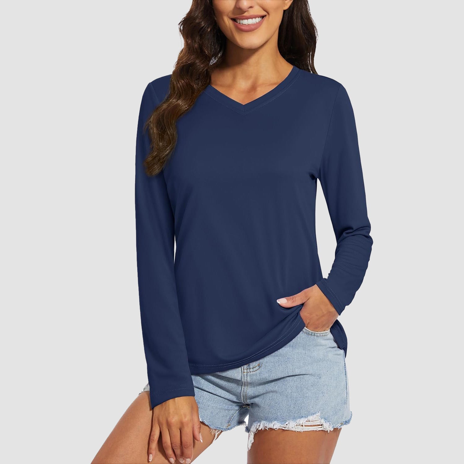 Navy Women's Long Sleeve UPF 50+ V-Neck Hiking & Workout Shirt - MAGCOMSEN