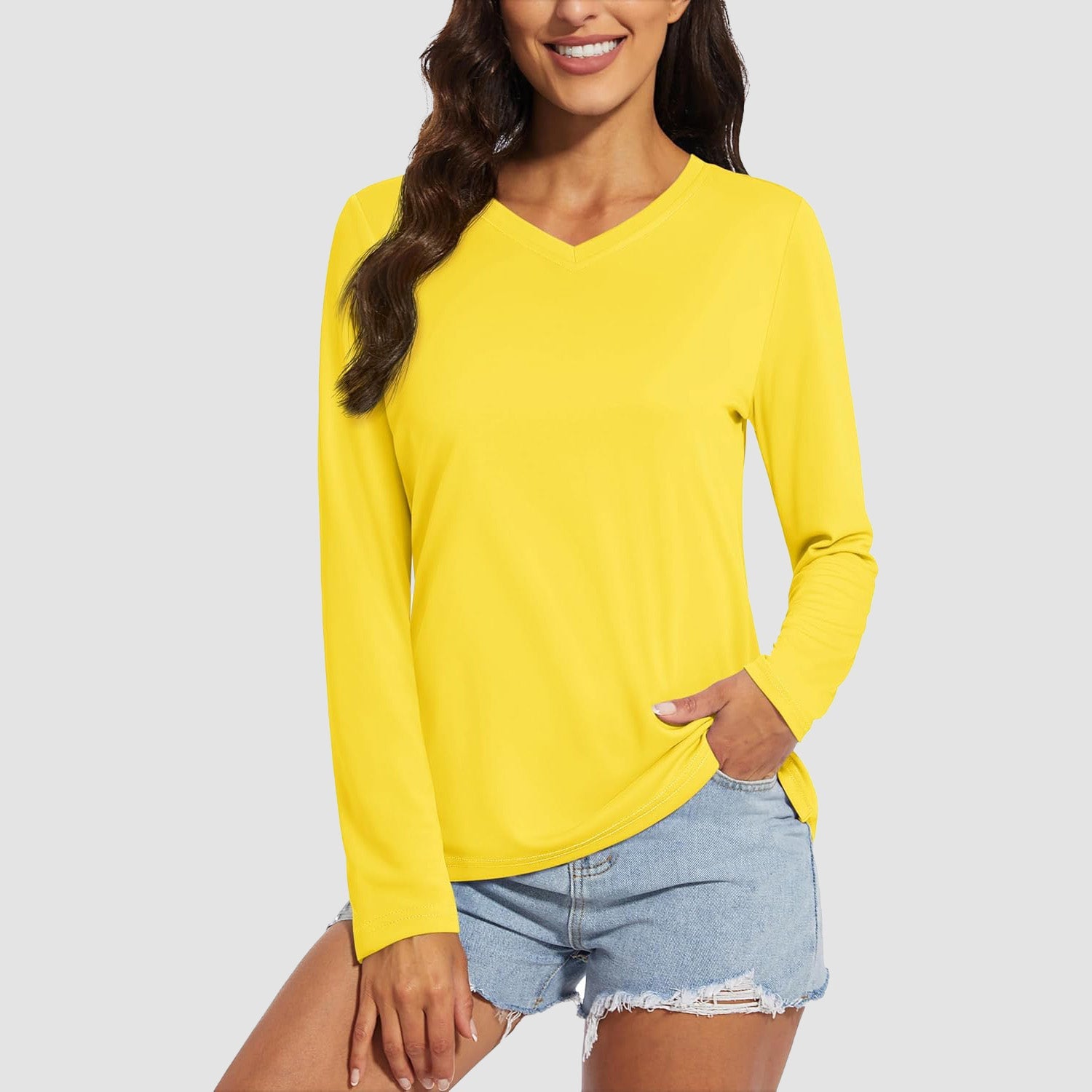 Yellow Women's Long Sleeve UPF 50+ V-Neck Hiking & Workout Shirt - MAGCOMSEN