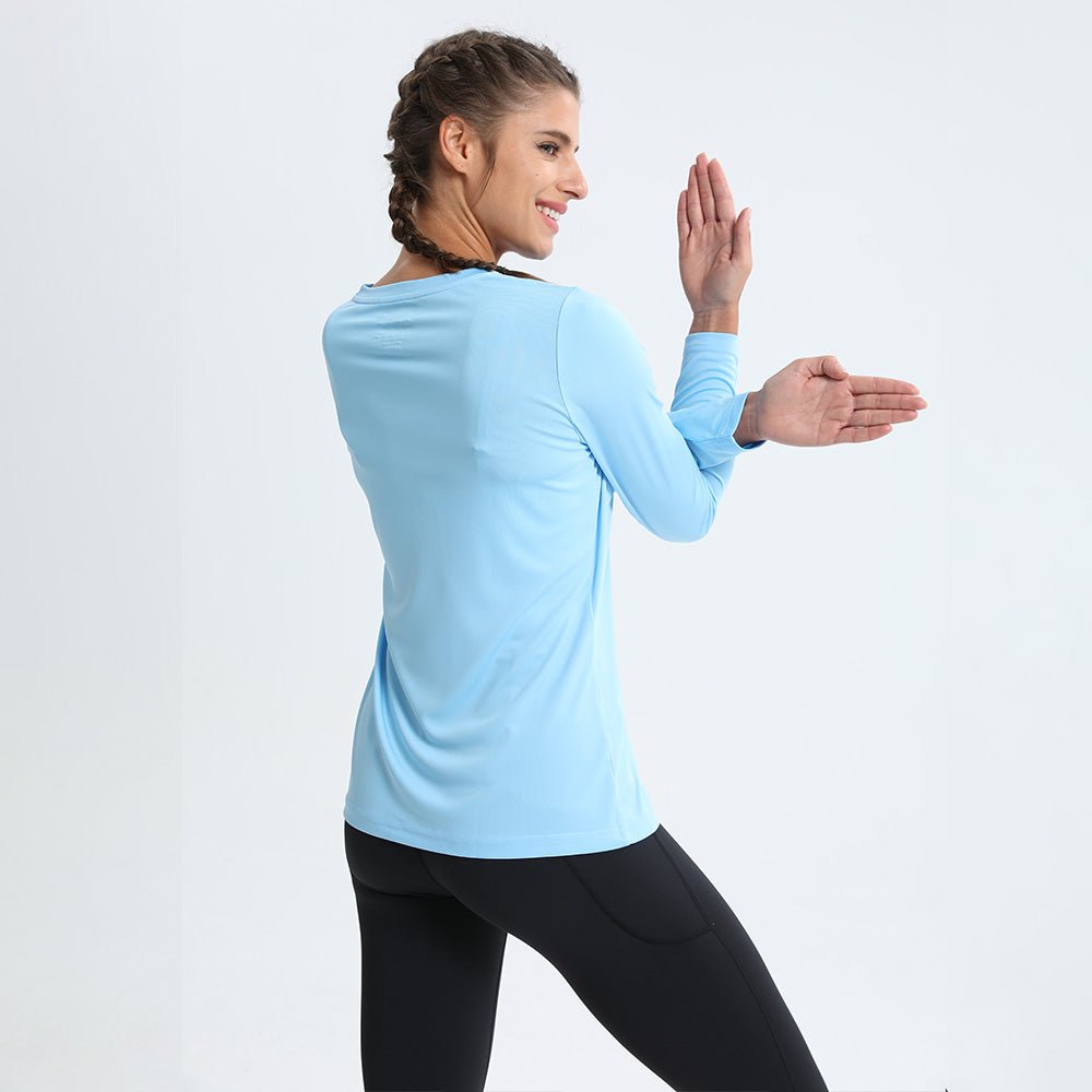 Light Blue2 Women's Long Sleeve UPF 50+ V - Neck Hiking & Workout Shirt - MAGCOMSEN
