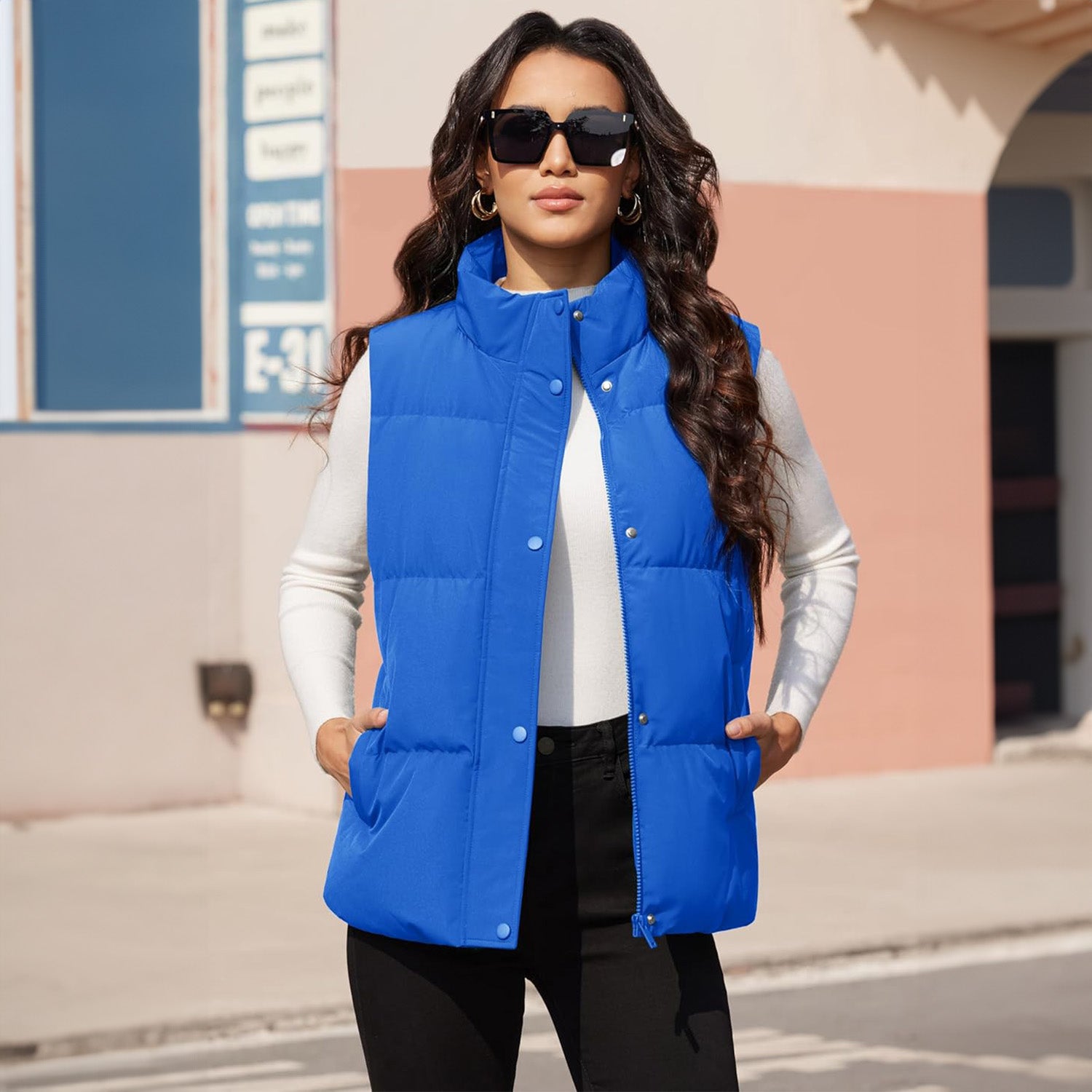 Color Blue Women's Oversized Puffer Vest - MAGCOMSEN