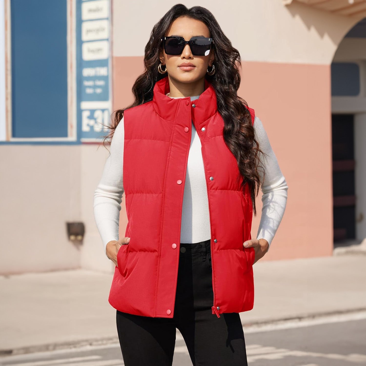 Red Women's Oversized Puffer Vest - MAGCOMSEN