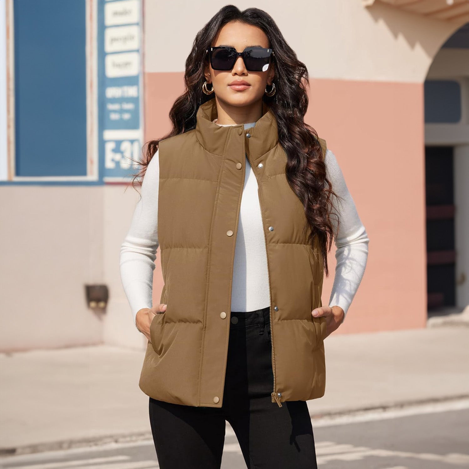 Brown Women's Oversized Puffer Vest - MAGCOMSEN