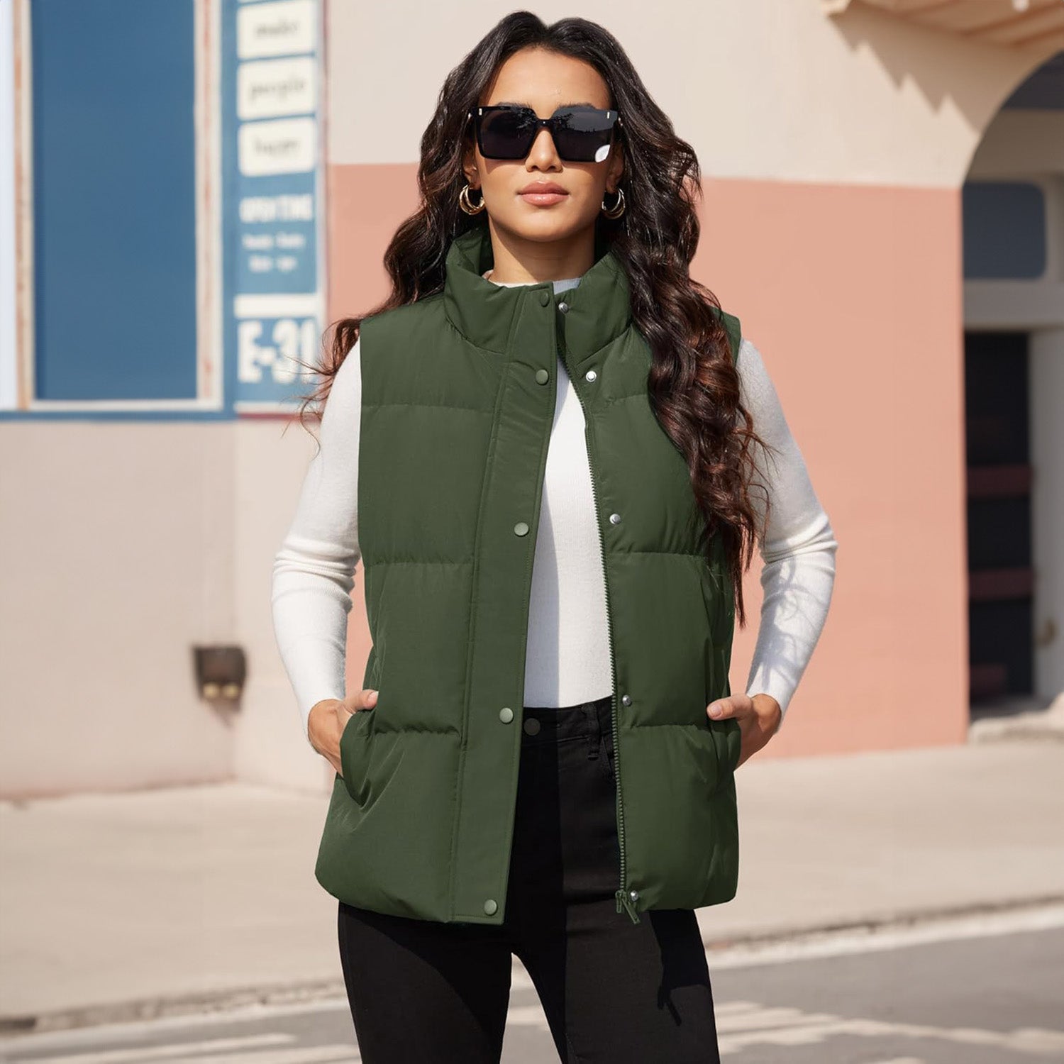 Army Green Women's Oversized Puffer Vest - MAGCOMSEN