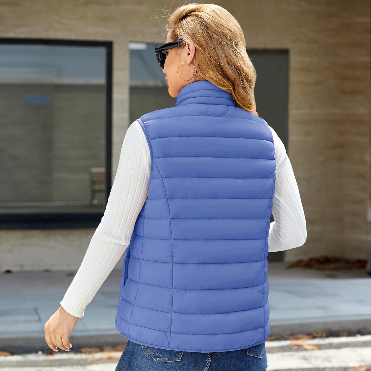 Light Blue Women's Lightweight Puffer Vest with 4 Pockets & Stand Collar - MAGCOMSEN