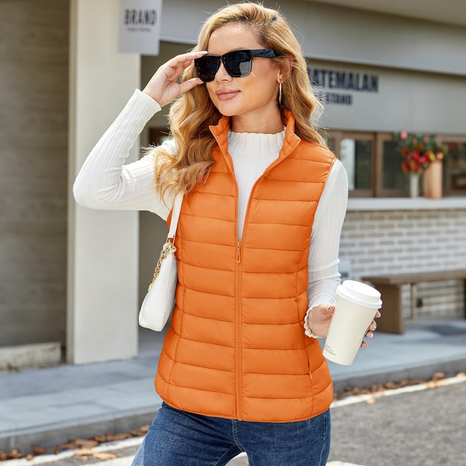 Orange Women's Lightweight Puffer Vest with 4 Pockets & Stand Collar - MAGCOMSEN