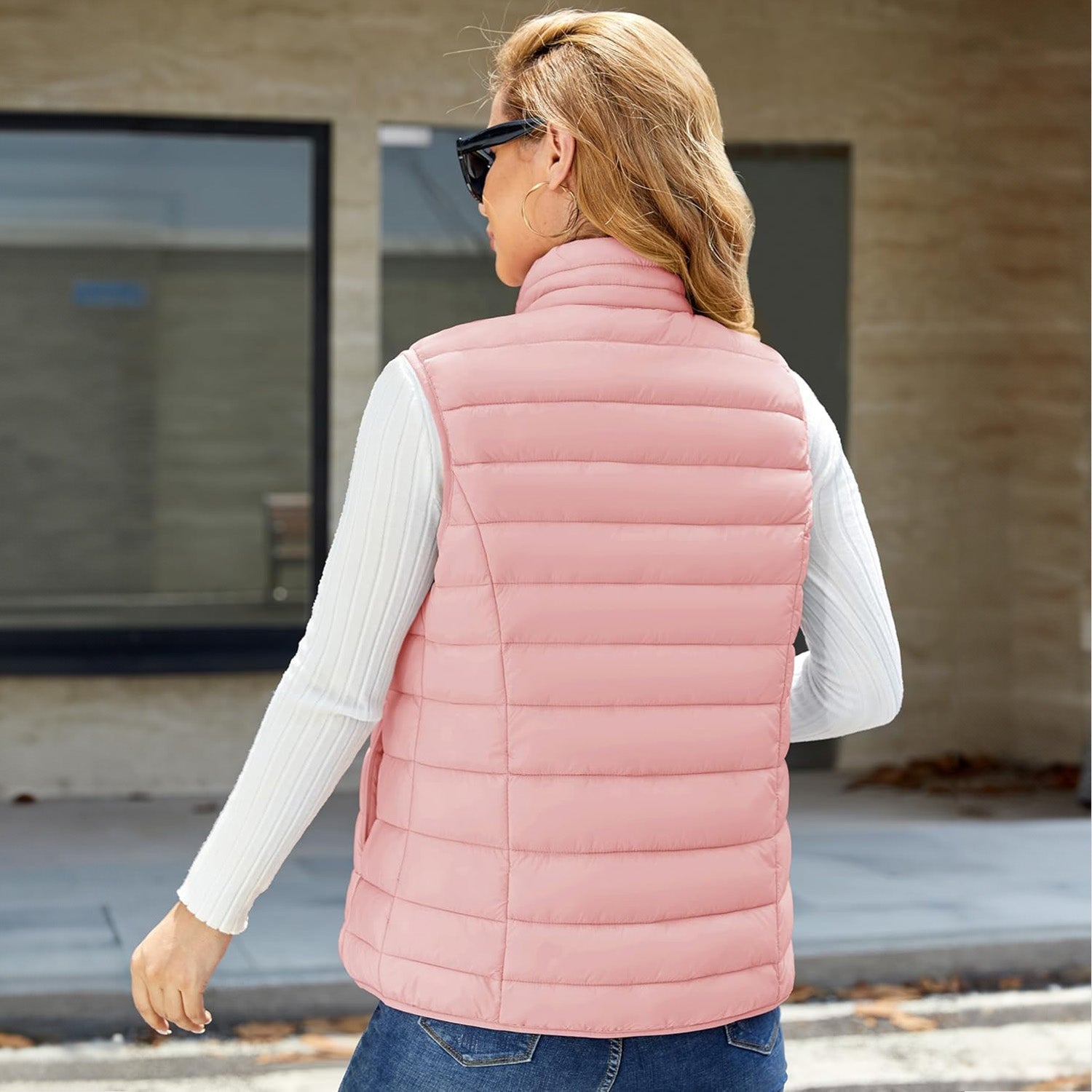 Pink Women's Lightweight Puffer Vest with 4 Pockets & Stand Collar - MAGCOMSEN