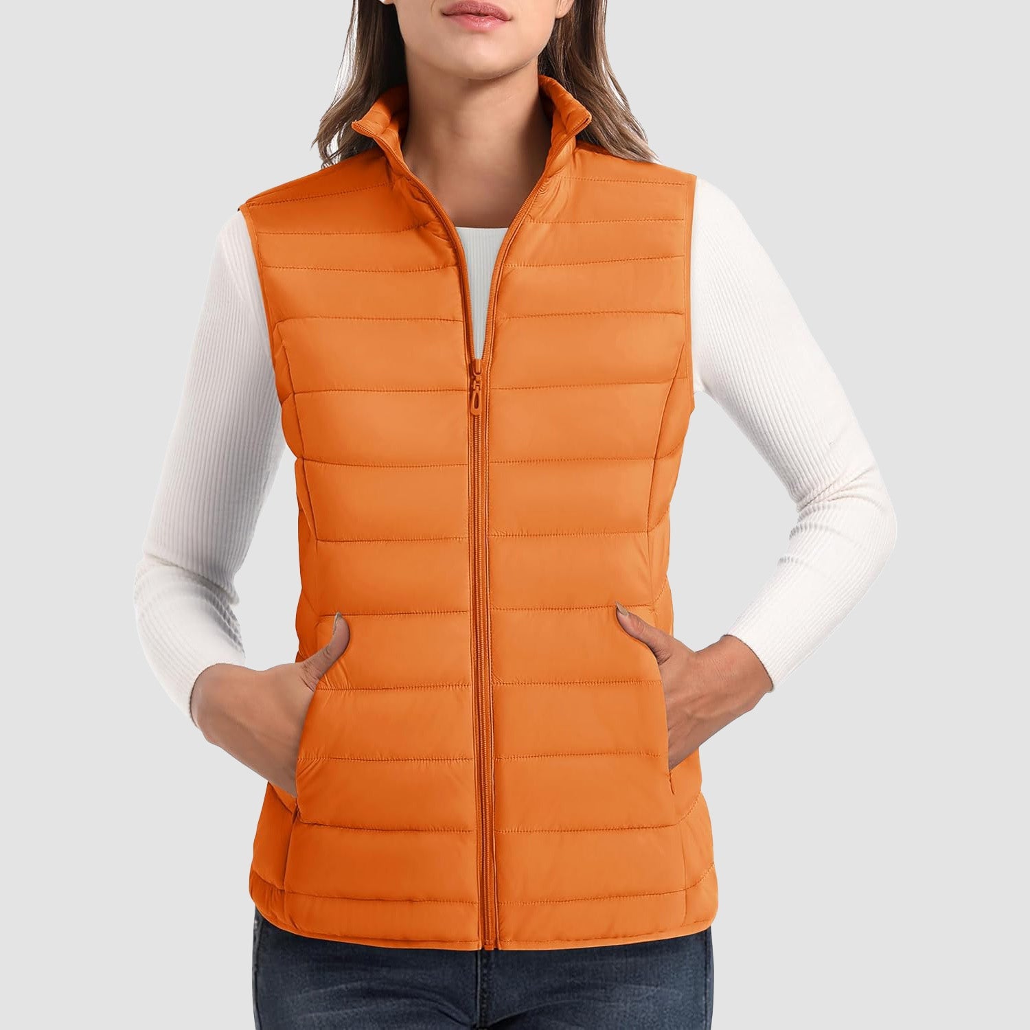 Orange Women's Lightweight Puffer Vest with 4 Pockets & Stand Collar - MAGCOMSEN