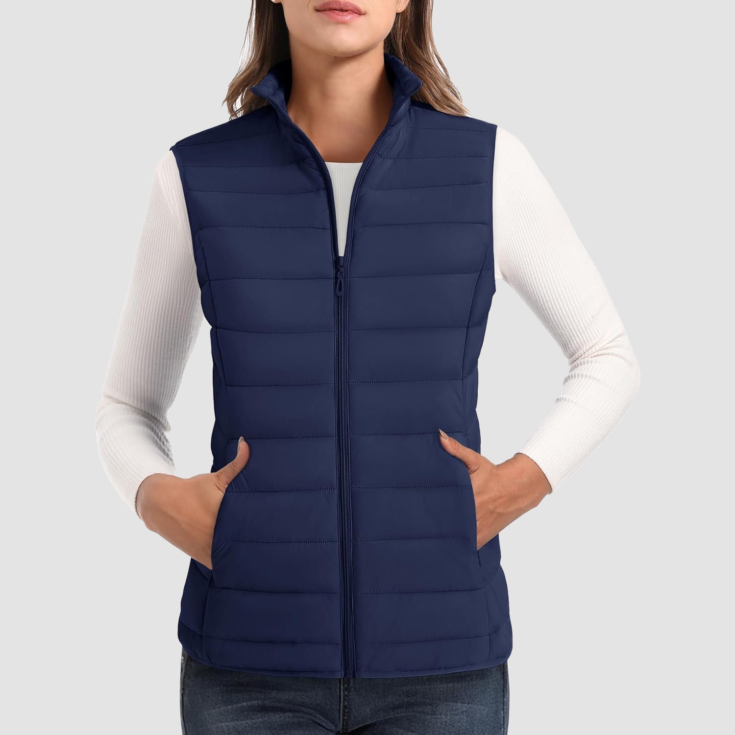 Navy Women's Lightweight Puffer Vest with 4 Pockets & Stand Collar - MAGCOMSEN