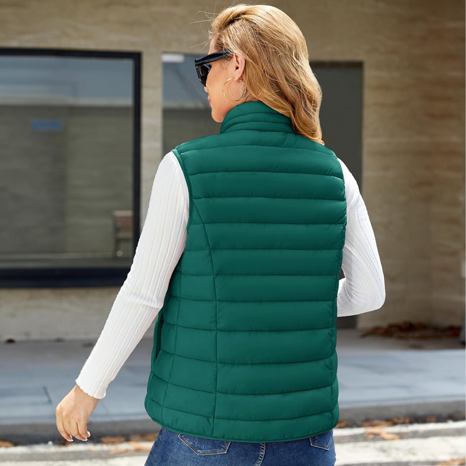 Emerald Green Women's Lightweight Puffer Vest with 4 Pockets & Stand Collar - MAGCOMSEN