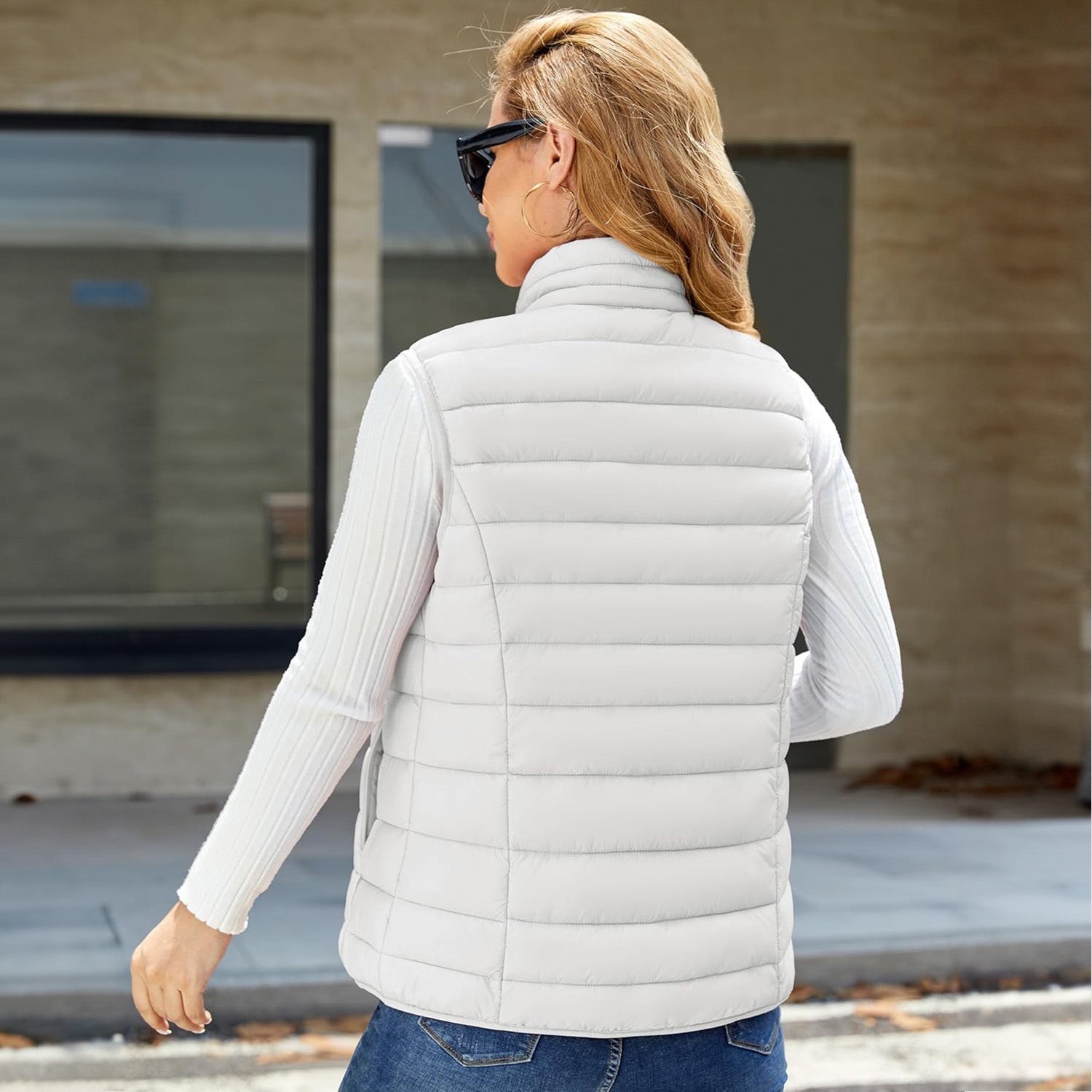 White Women's Lightweight Puffer Vest with 4 Pockets & Stand Collar - MAGCOMSEN