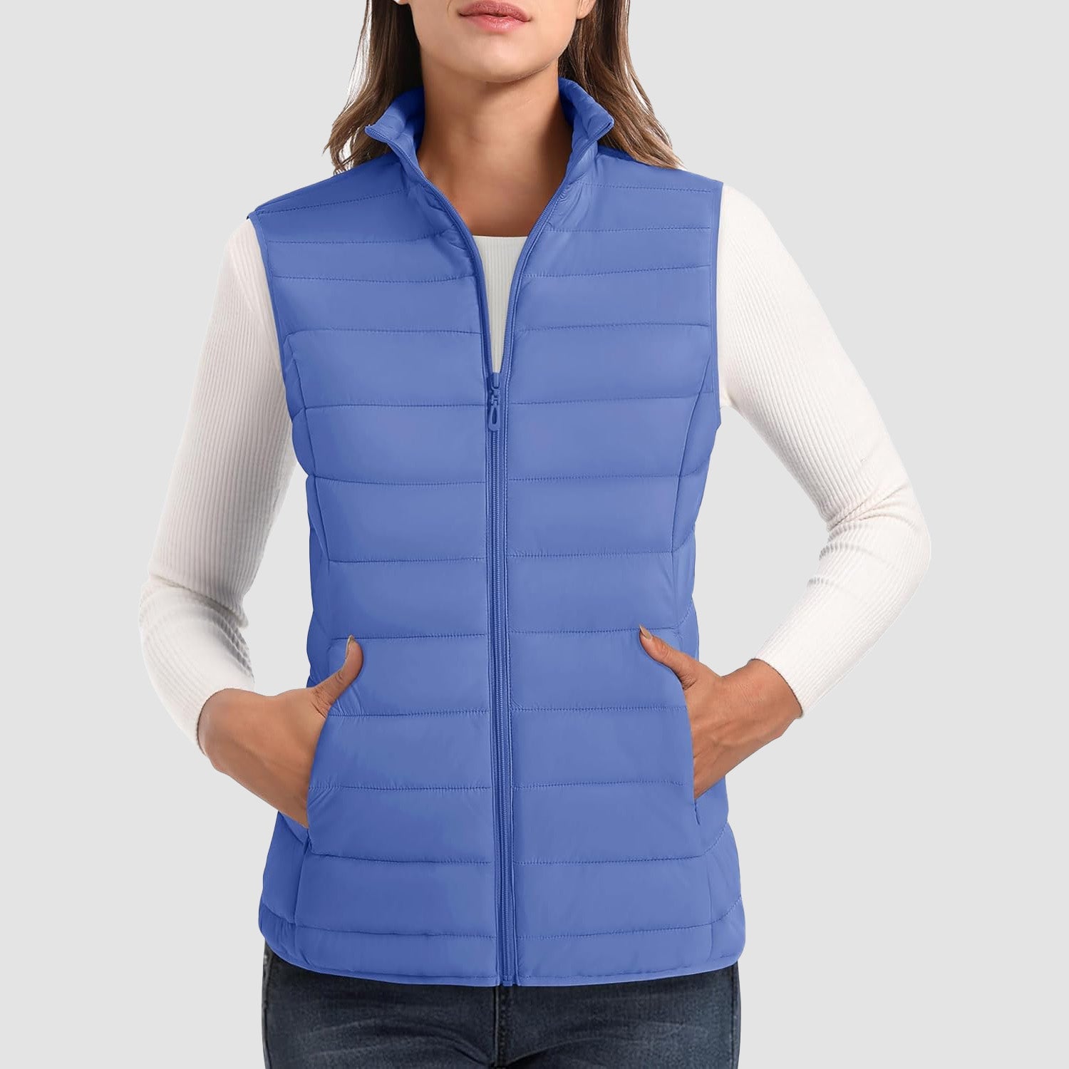 Light Blue Women's Lightweight Puffer Vest with 4 Pockets & Stand Collar - MAGCOMSEN