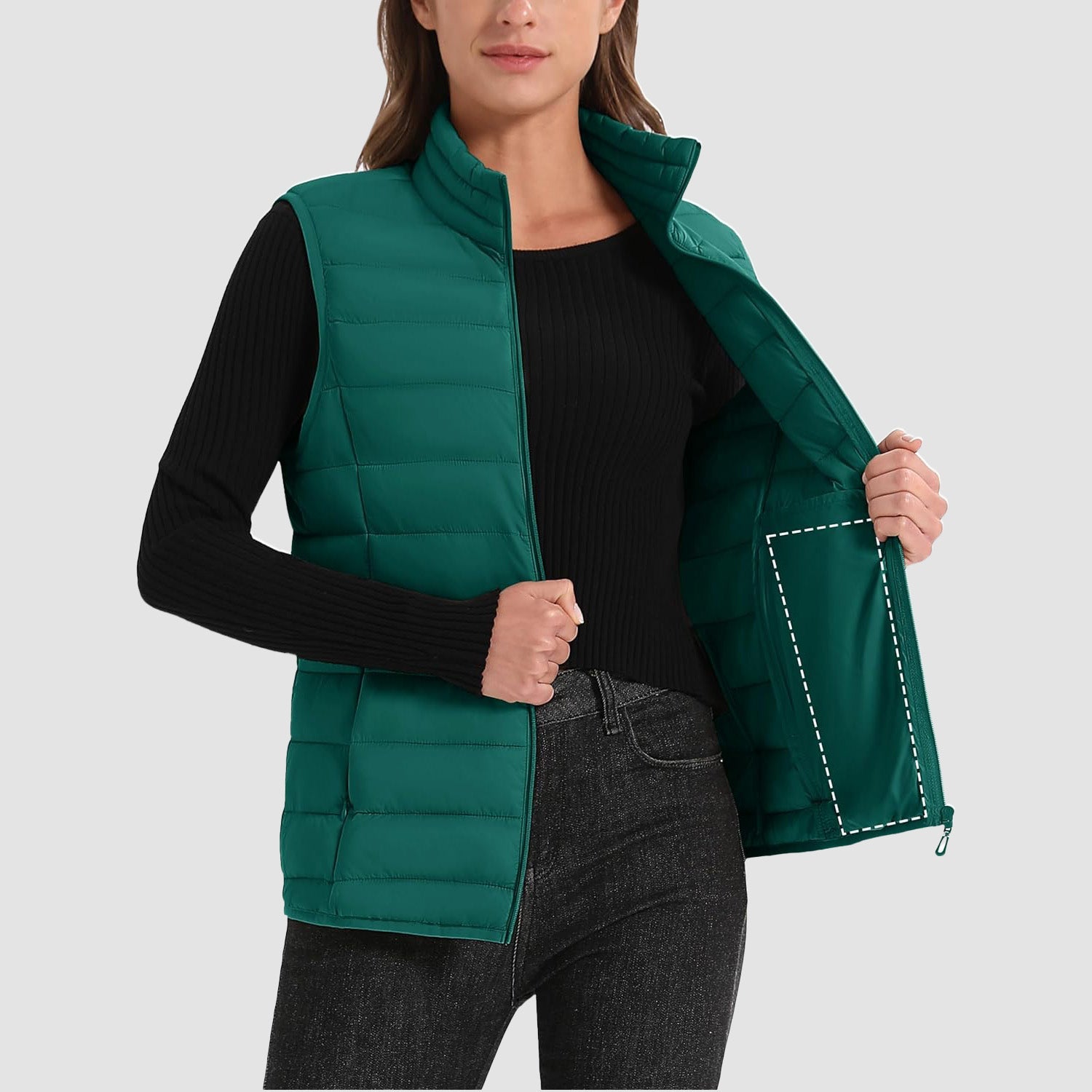 Emerald Green Women's Lightweight Puffer Vest with 4 Pockets & Stand Collar - MAGCOMSEN
