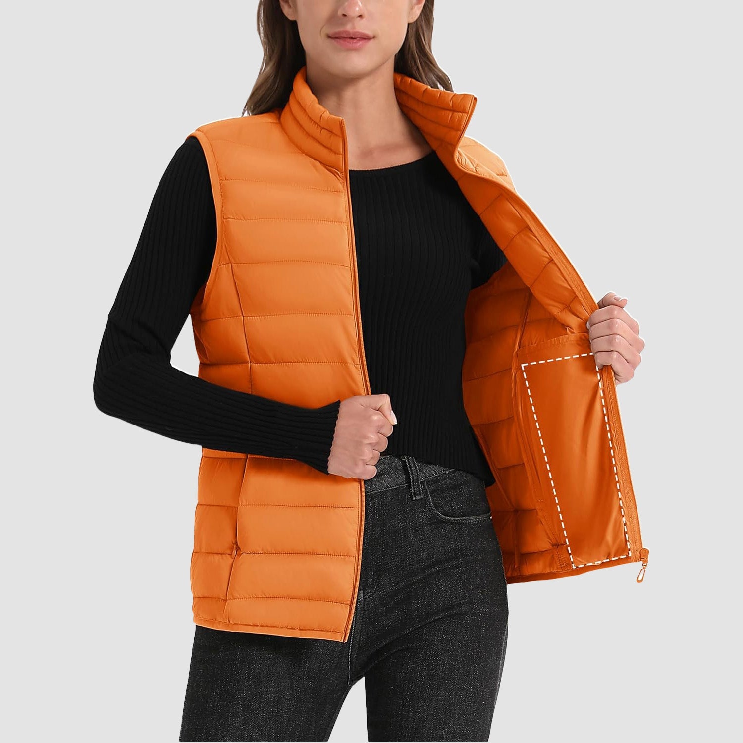Orange Women's Lightweight Puffer Vest with 4 Pockets & Stand Collar - MAGCOMSEN