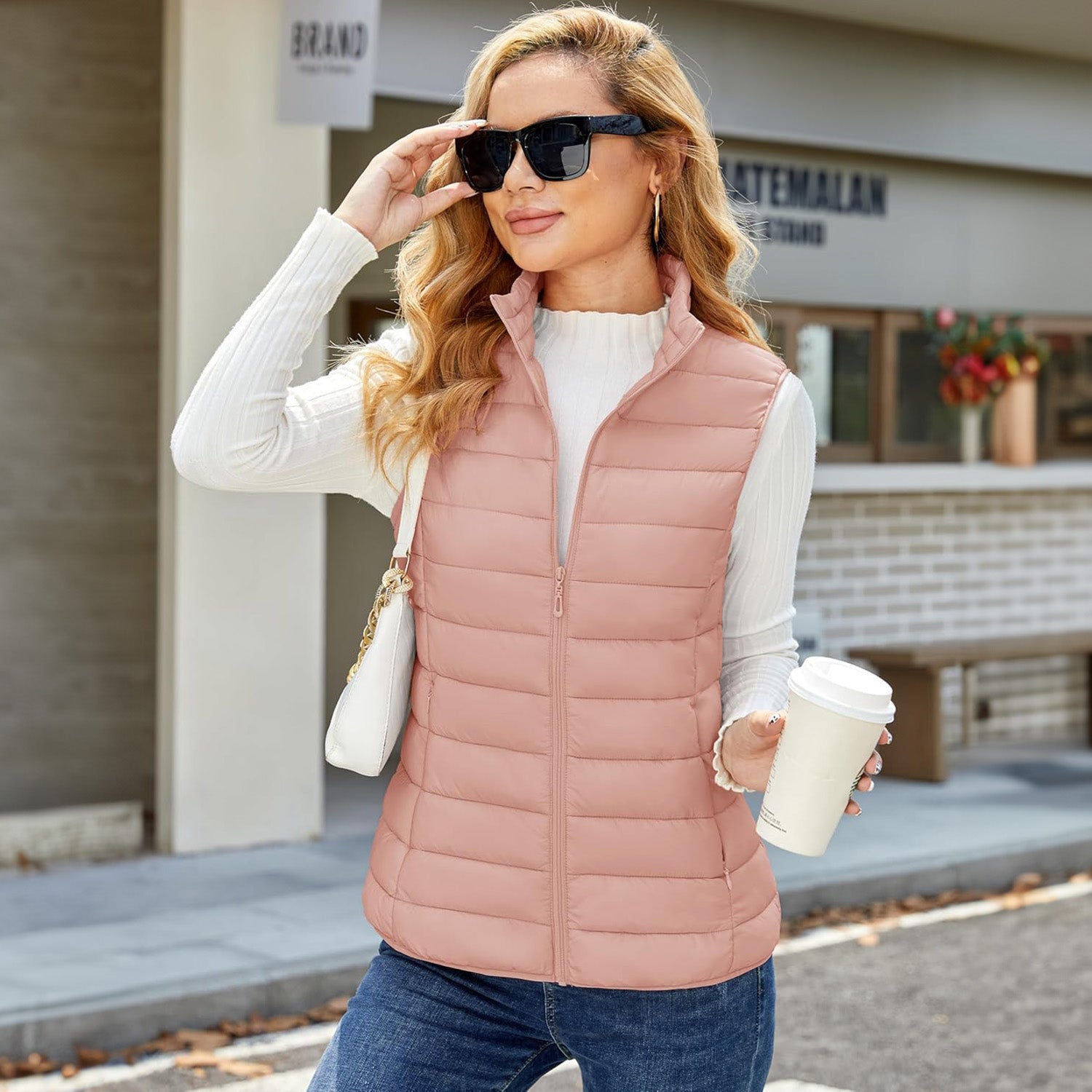 Apricot Women's Lightweight Puffer Vest with 4 Pockets & Stand Collar - MAGCOMSEN