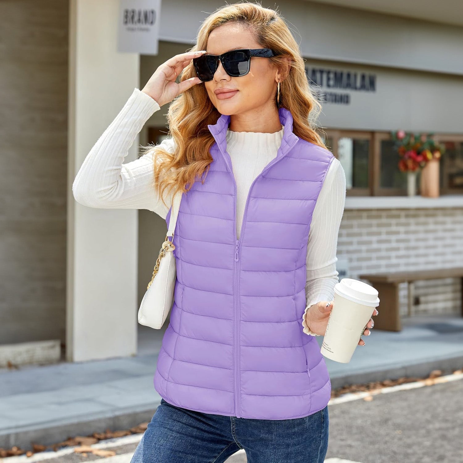 Light Purple Women's Lightweight Puffer Vest with 4 Pockets & Stand Collar - MAGCOMSEN