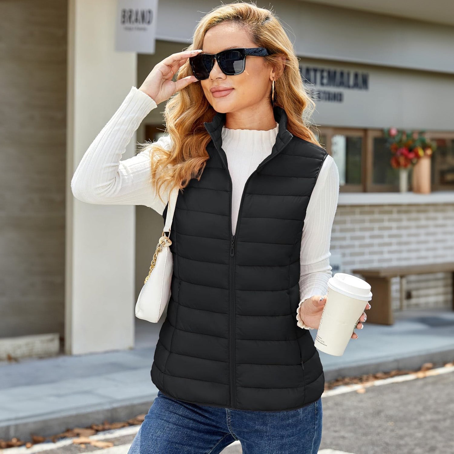 Black Women's Lightweight Puffer Vest with 4 Pockets & Stand Collar - MAGCOMSEN