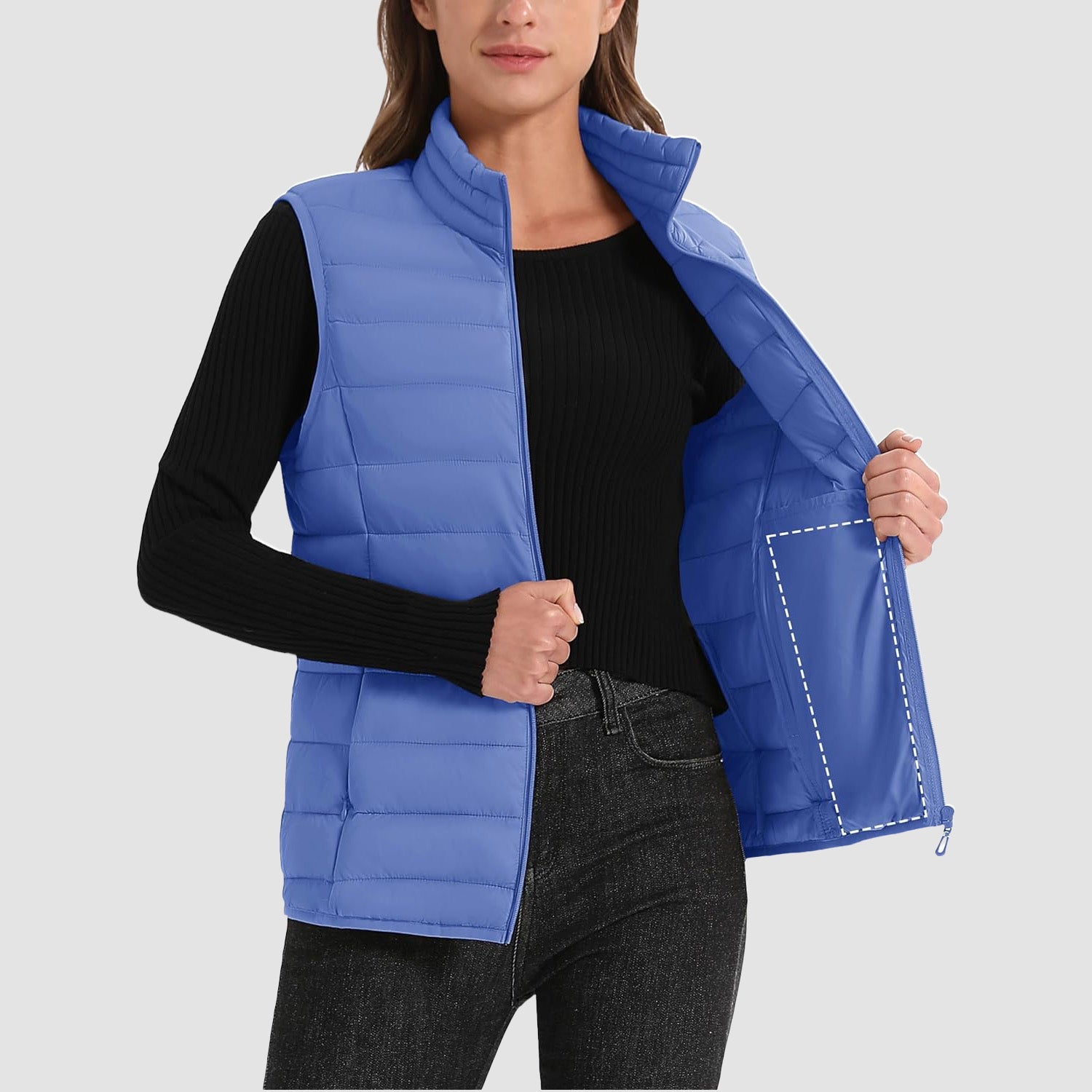 Light Blue Women's Lightweight Puffer Vest with 4 Pockets & Stand Collar - MAGCOMSEN