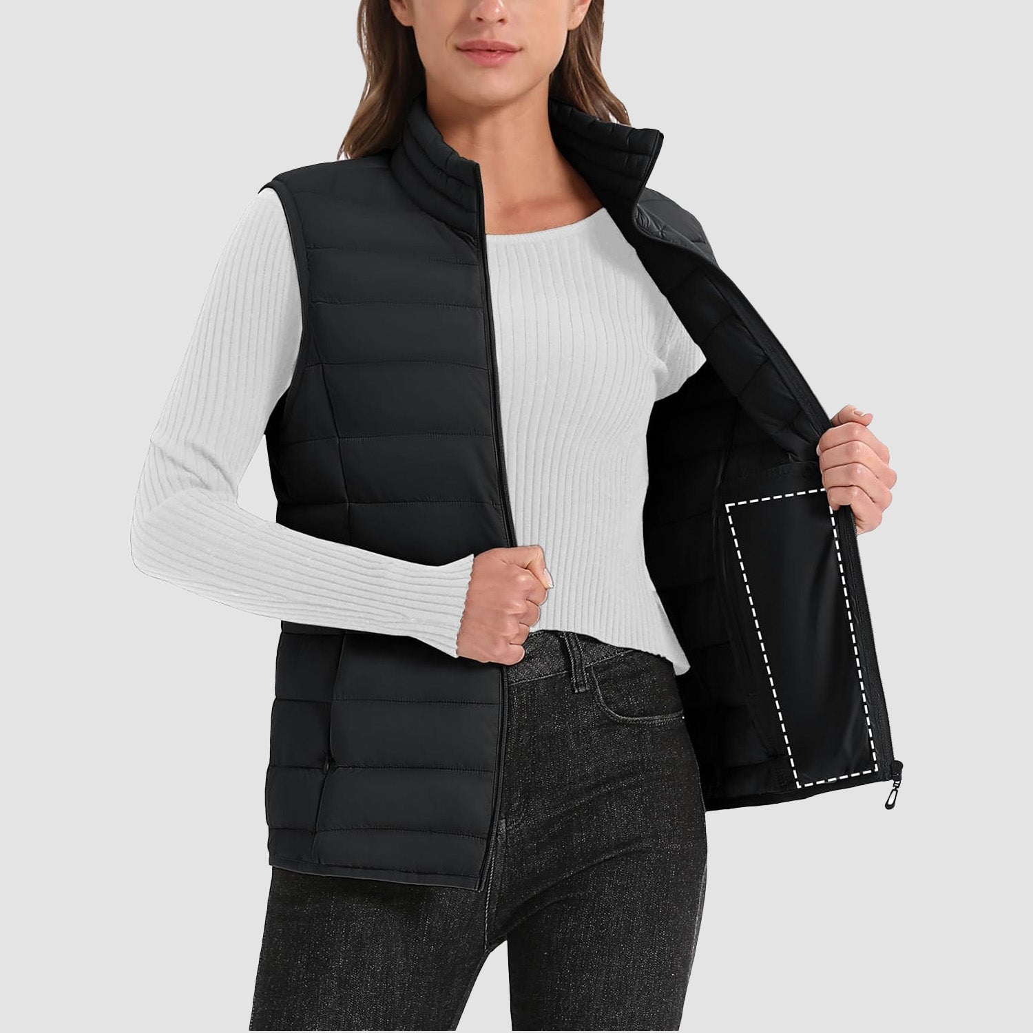 Black Women's Lightweight Puffer Vest with 4 Pockets & Stand Collar - MAGCOMSEN