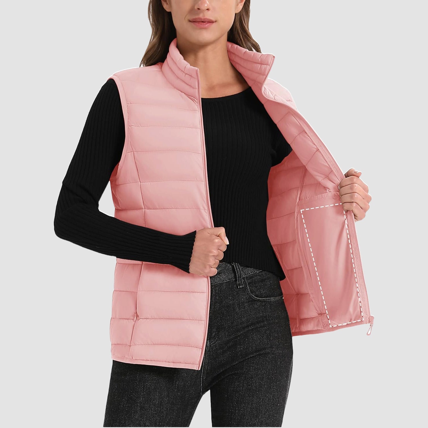 Pink Women's Lightweight Puffer Vest with 4 Pockets & Stand Collar - MAGCOMSEN