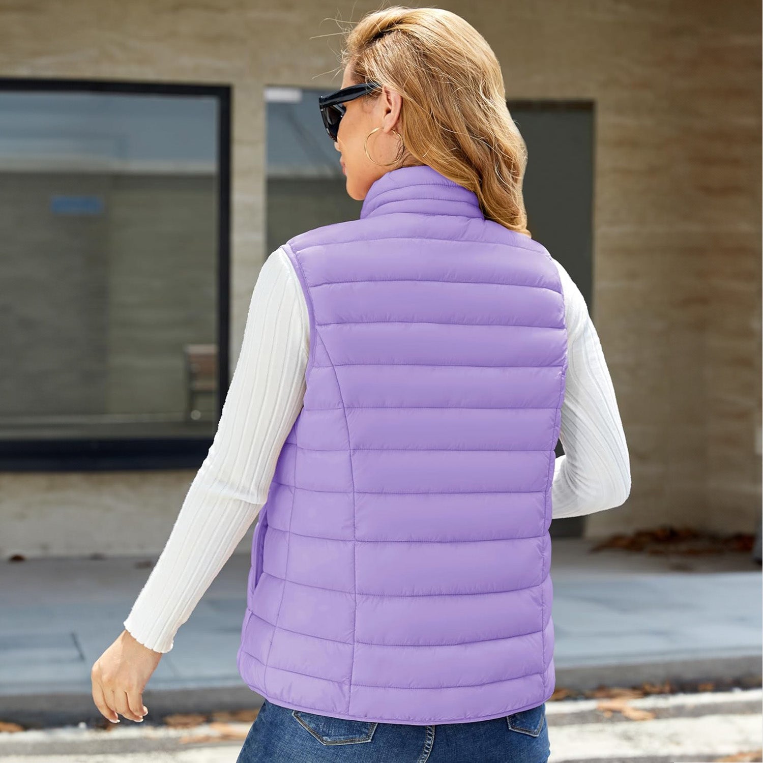 Light Purple Women's Lightweight Puffer Vest with 4 Pockets & Stand Collar - MAGCOMSEN