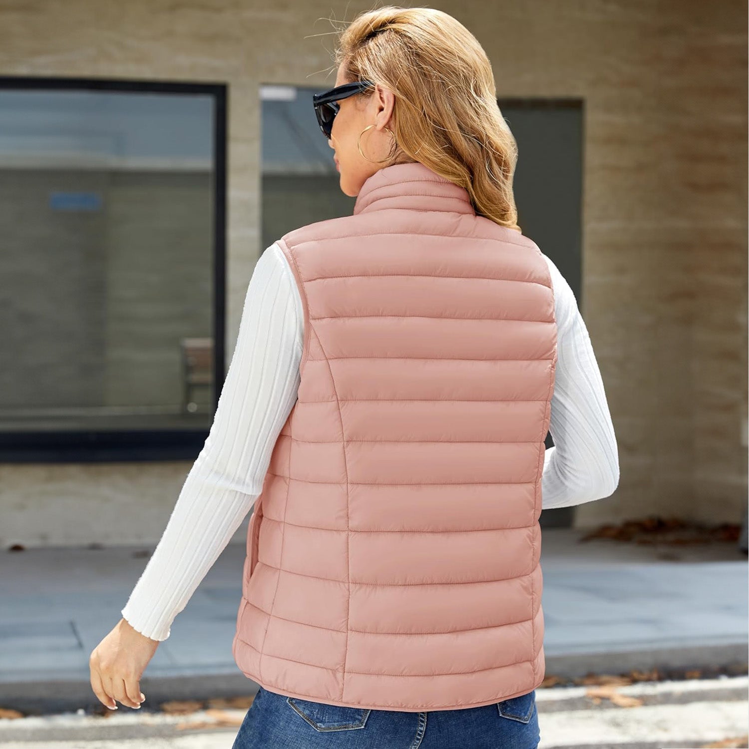 Apricot Women's Lightweight Puffer Vest with 4 Pockets & Stand Collar - MAGCOMSEN