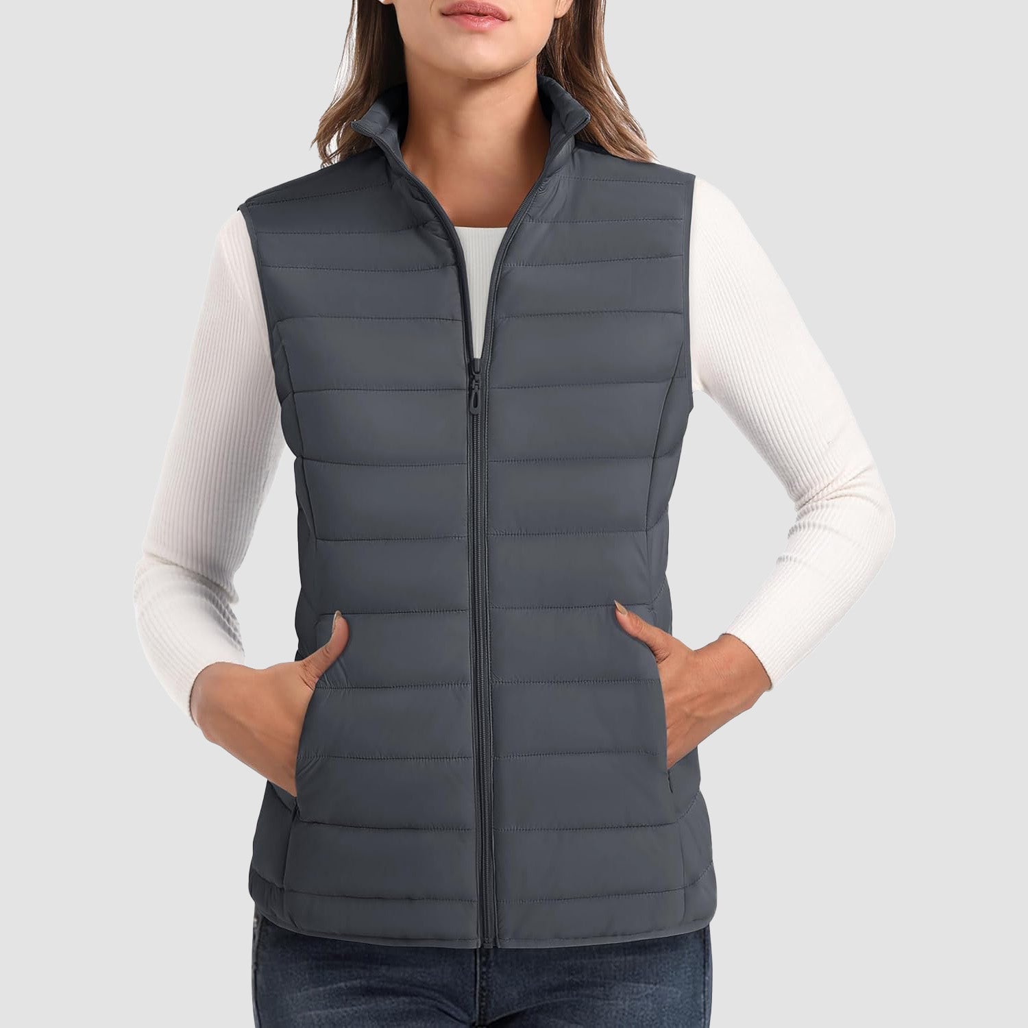 Dark Grey Women's Lightweight Puffer Vest with 4 Pockets & Stand Collar - MAGCOMSEN