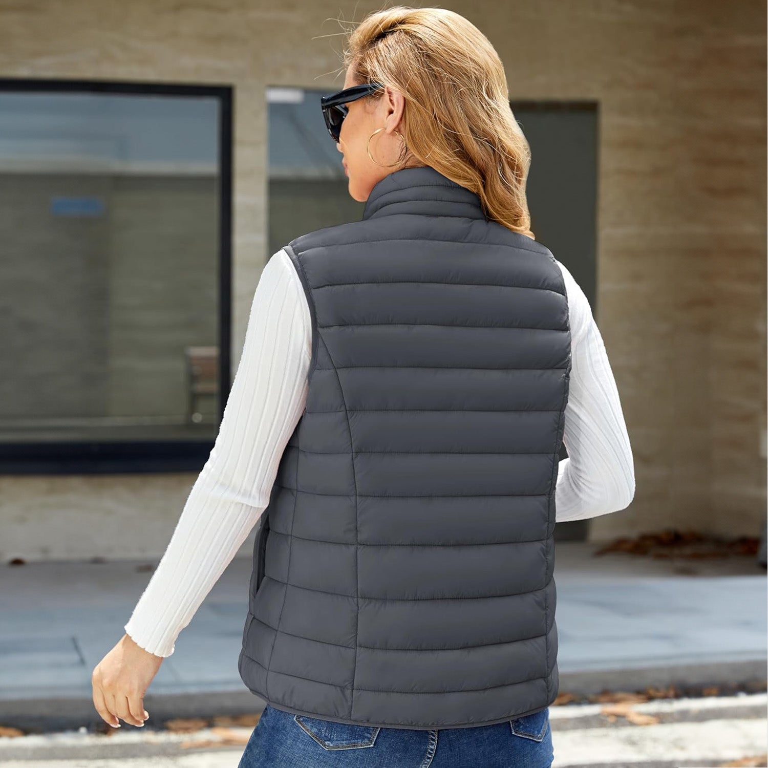 Dark Grey Women's Lightweight Puffer Vest with 4 Pockets & Stand Collar - MAGCOMSEN