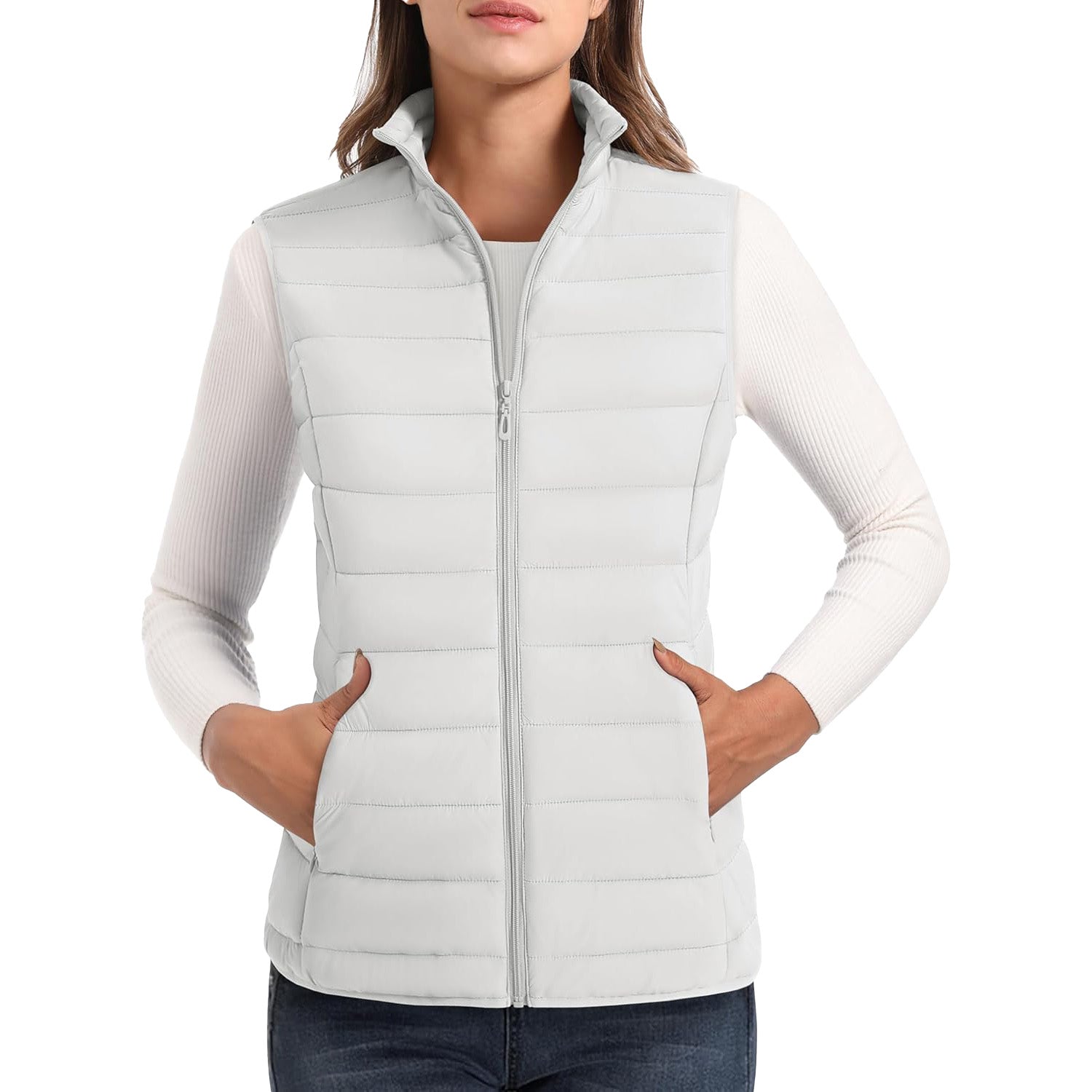 White Women's Lightweight Puffer Vest with 4 Pockets & Stand Collar - MAGCOMSEN