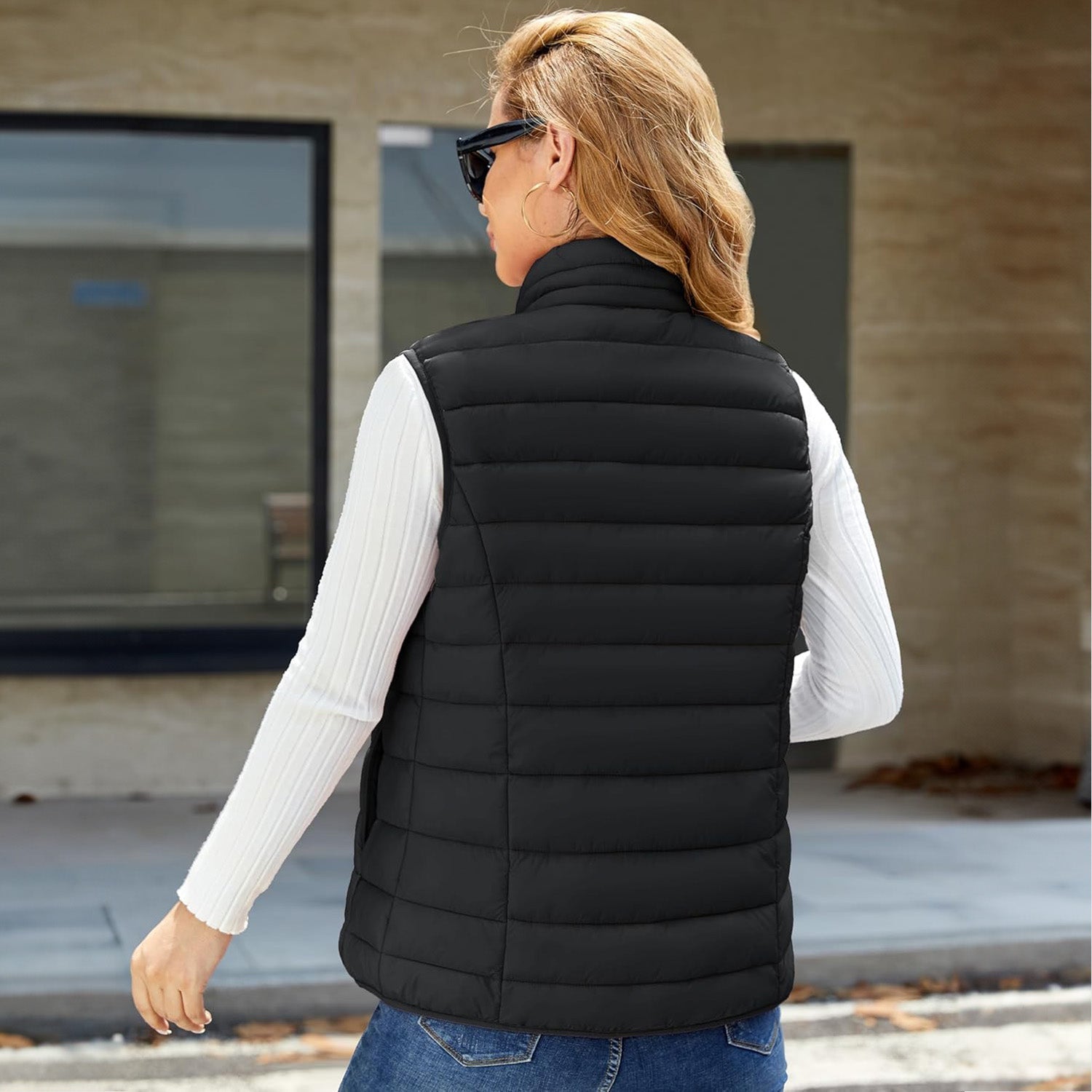 Black Women's Lightweight Puffer Vest with 4 Pockets & Stand Collar - MAGCOMSEN