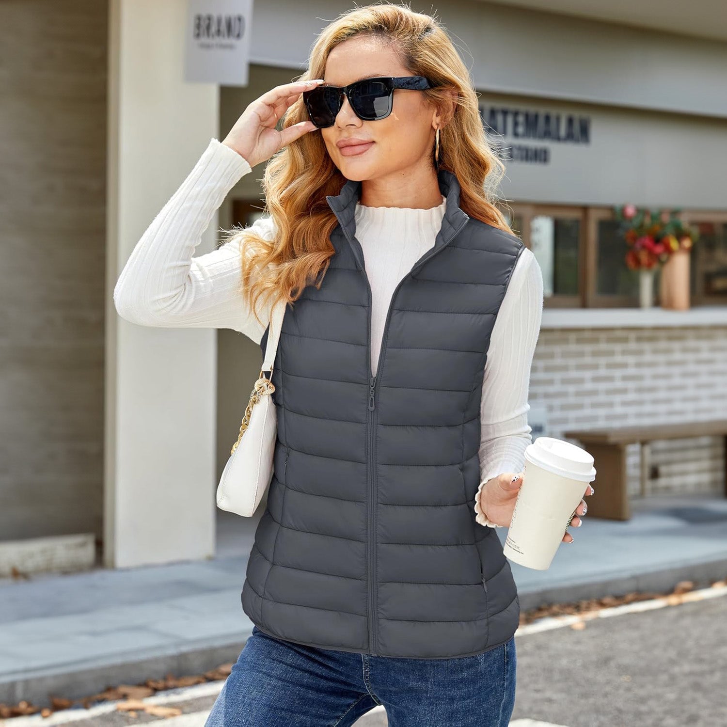 Dark Grey Women's Lightweight Puffer Vest with 4 Pockets & Stand Collar - MAGCOMSEN