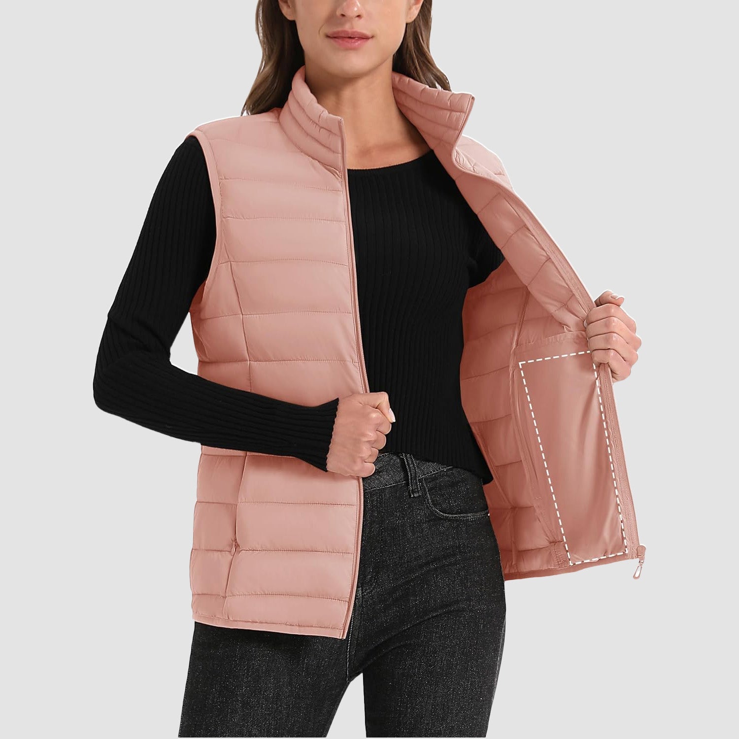Apricot Women's Lightweight Puffer Vest with 4 Pockets & Stand Collar - MAGCOMSEN