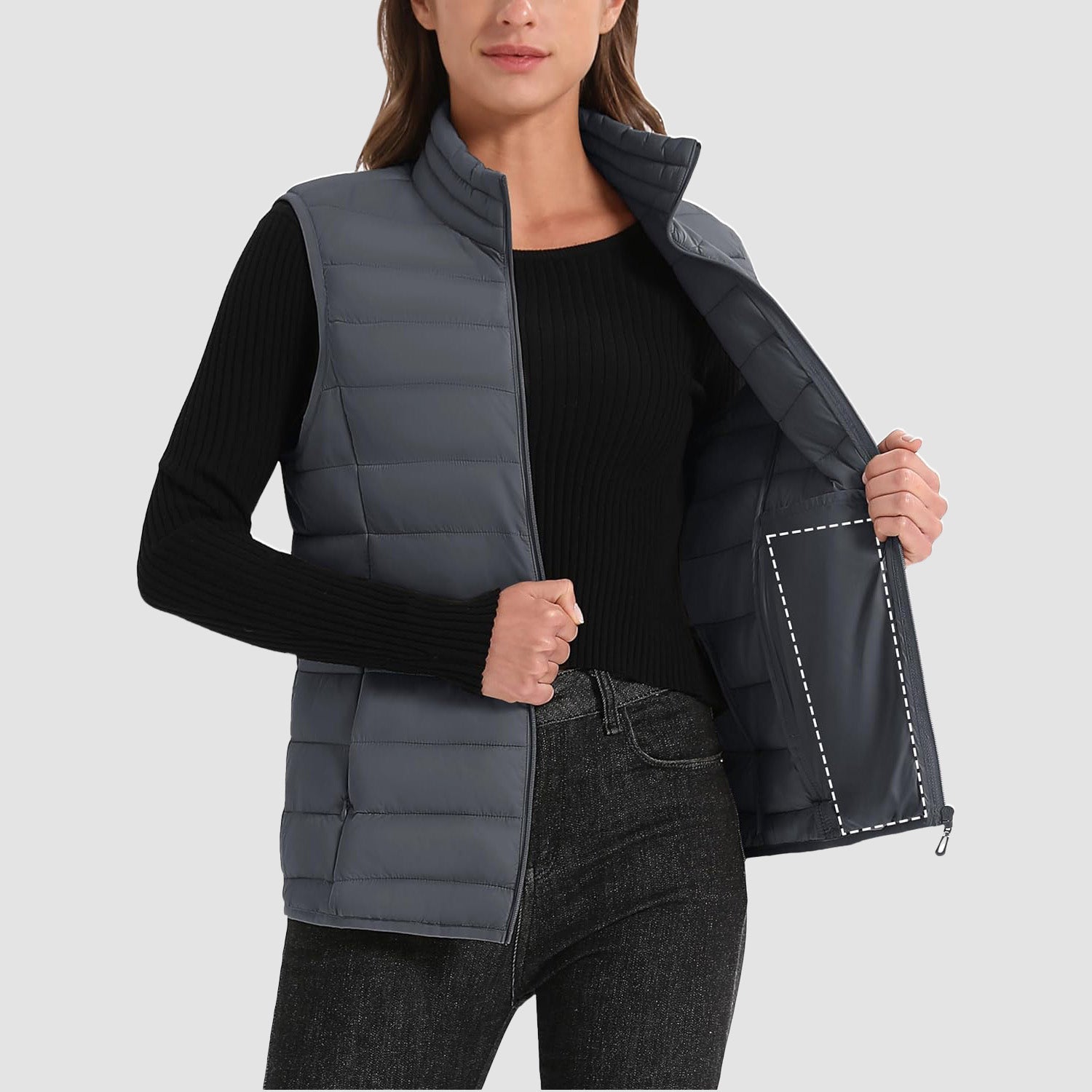 Dark Grey Women's Lightweight Puffer Vest with 4 Pockets & Stand Collar - MAGCOMSEN