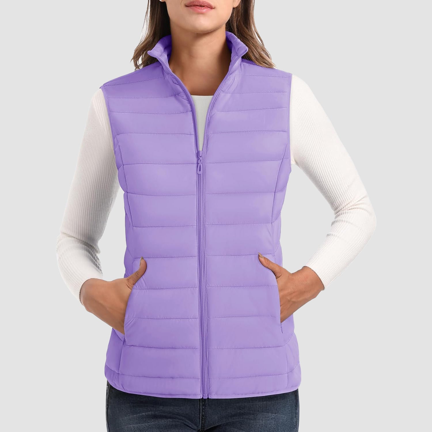 Light Purple Women's Lightweight Puffer Vest with 4 Pockets & Stand Collar - MAGCOMSEN