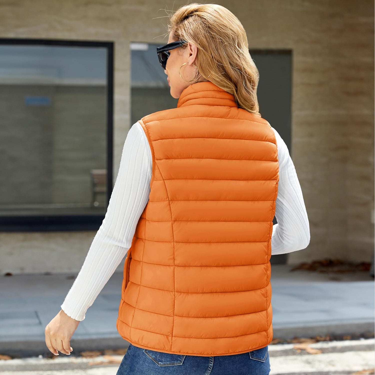 Orange Women's Lightweight Puffer Vest with 4 Pockets & Stand Collar - MAGCOMSEN