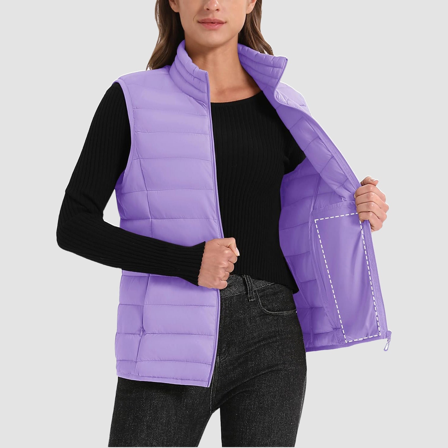 Light Purple Women's Lightweight Puffer Vest with 4 Pockets & Stand Collar - MAGCOMSEN
