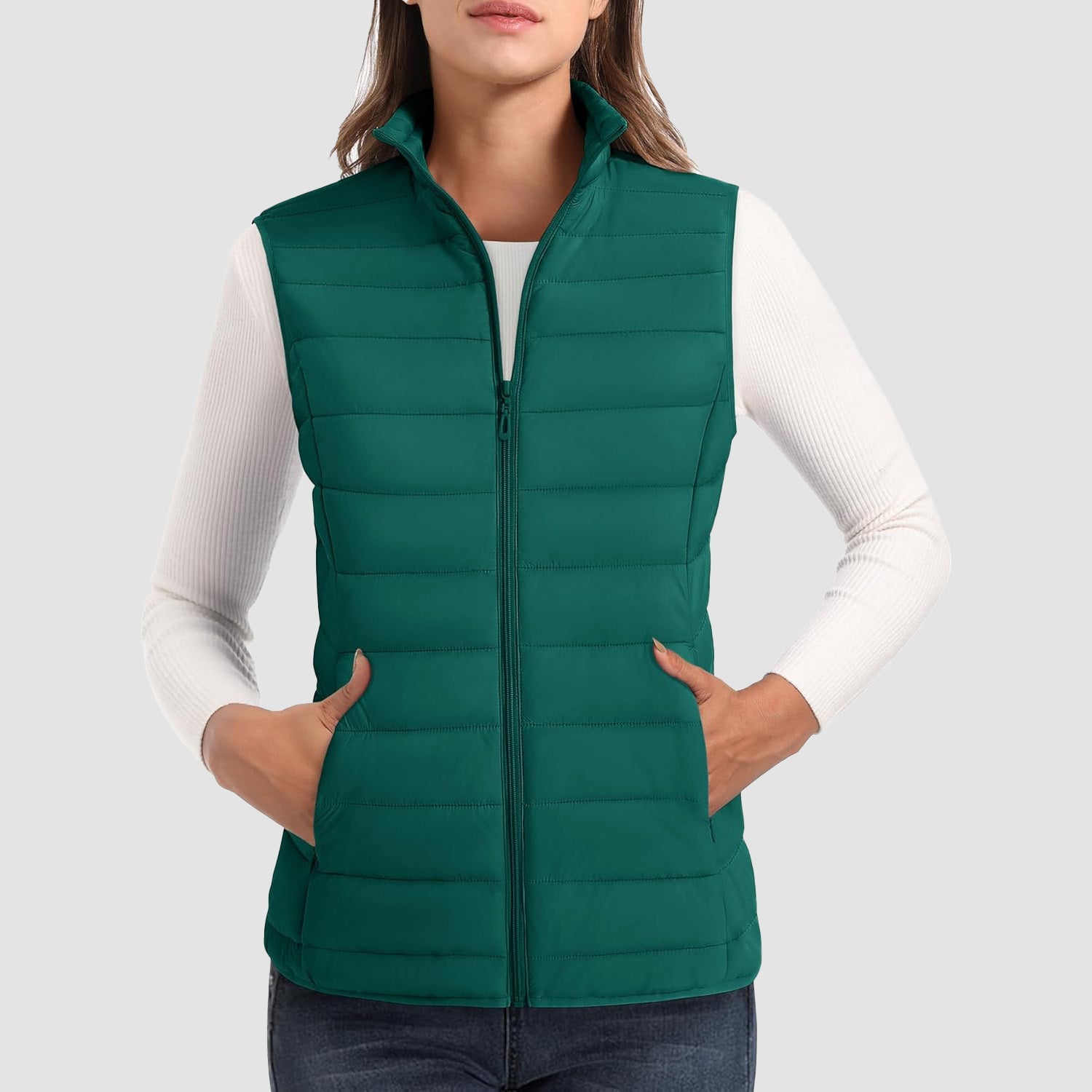 Emerald Green Women's Lightweight Puffer Vest with 4 Pockets & Stand Collar - MAGCOMSEN