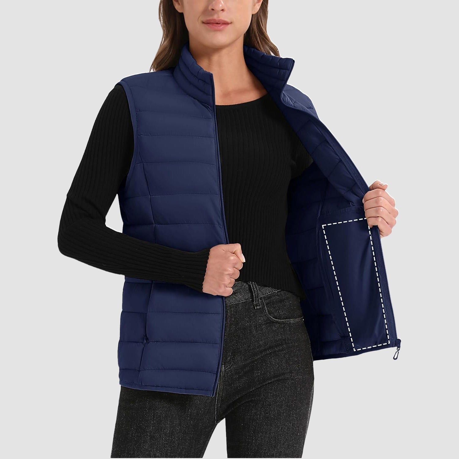 Navy Women's Lightweight Puffer Vest with 4 Pockets & Stand Collar - MAGCOMSEN
